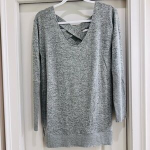 Chance or Fate Greenish/Gray V-Neck Sweater with Criss Cross Back Detail